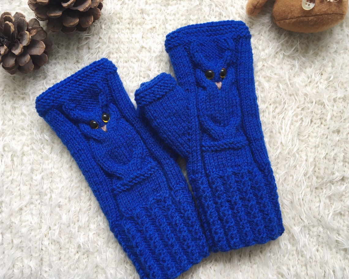 Winter gloves for women royal blue Knit fingerless mittens Owl Etsy