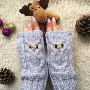 Owl fingerless mittens woman Wool owl lovers gift Fingerless gloves mitts for girl knit mittens Warm mitts Knitted warm fingerless Owl gifts image 8