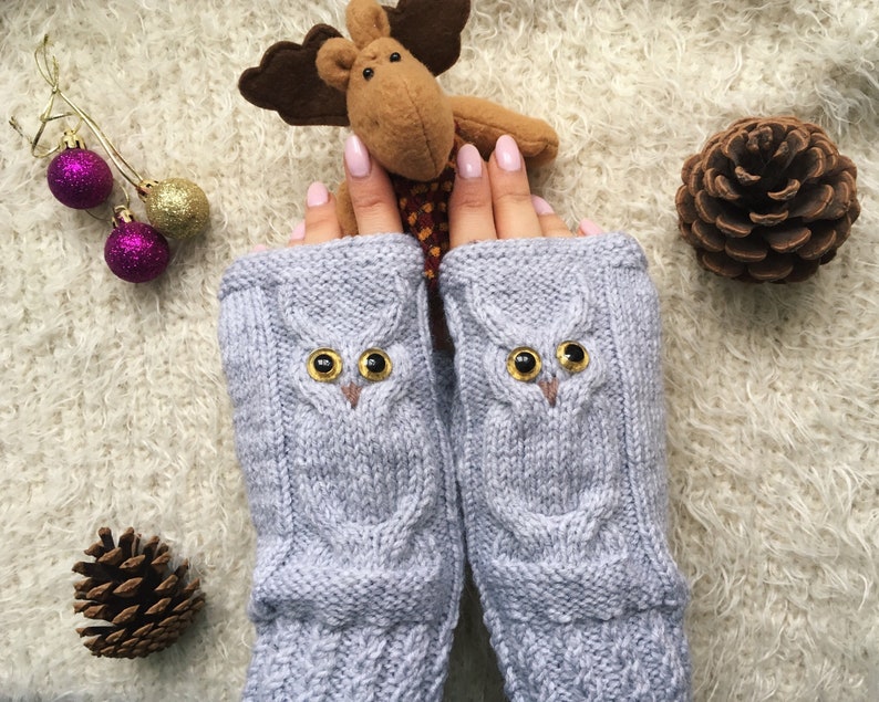 Fingerless mittens woman Christmas Wool gloves Mitts for girl Owl lovers gift Animal mittens Owl knit gifts Warm present for sister image 8