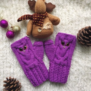 Owl fingerless mittens woman Wool owl lovers gift Fingerless gloves mitts for girl knit mittens Warm mitts Knitted warm fingerless Owl gifts image 3