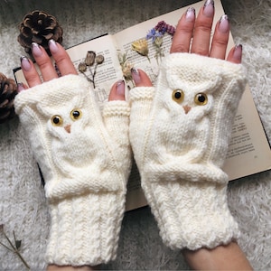 Könnte beinhalten: Cremefarbene Strick-Fingerhandschuhe mit Eulen-Design. Die Handschuhe haben ein strukturiertes Zopfmuster und ein detailliertes Eulengesicht mit goldenen Augen. Die Handschuhe werden auf einem offenen Buch mit getrockneten Blumen präsentiert.