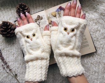 Owl gifts Owl fingerless mittens woman Fingerless gloves mitts for girl knit mittens Wool owl lovers gift Warm mitts Knitted warm fingerless