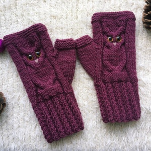 Owl fingerless mittens woman Wool owl lovers gift Fingerless gloves mitts for girl knit mittens Warm mitts Knitted warm fingerless Owl gifts image 6