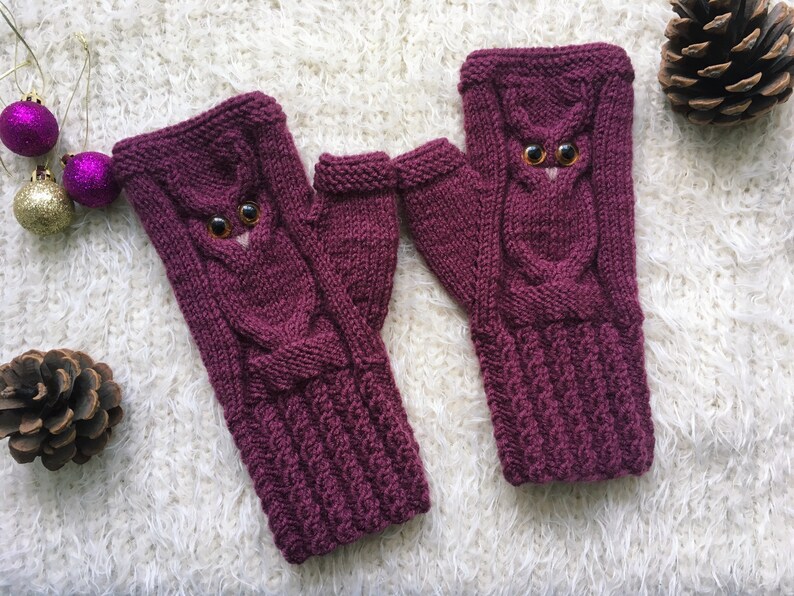 Owl fingerless mittens woman Wool owl lovers gift Fingerless gloves mitts for girl knit mittens Warm mitts Knitted warm fingerless Owl gifts image 6