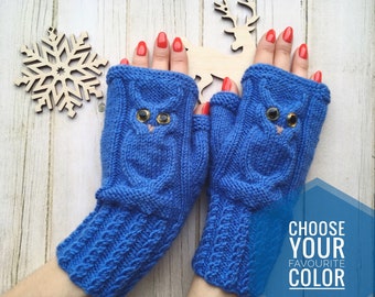 Owl fingerless mittens woman Wool owl lovers gift Fingerless gloves mitts for girl knit mittens Warm mitts Knitted warm fingerless Owl gifts