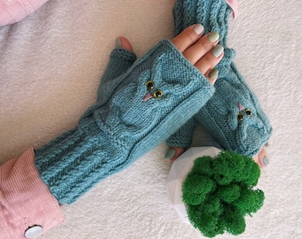 Owl mittens handmade gift for daughter Fingerless gloves for owl lovers Ukrainian Hand knit owl mitts for women Wool winter arm warmers