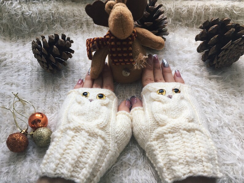 Owl fingerless mittens woman Wool owl lovers gift Fingerless gloves mitts for girl knit mittens Warm mitts Knitted warm fingerless Owl gifts image 10