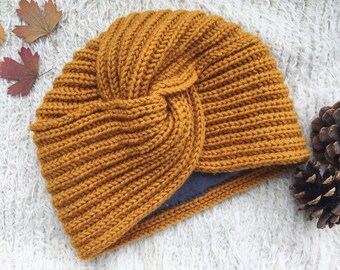 Knit Turban Hat for woman bonnet winter headband Mustard fashion headwrap Wool winter hat ready to wear turban Chemo hat Twist head wrap