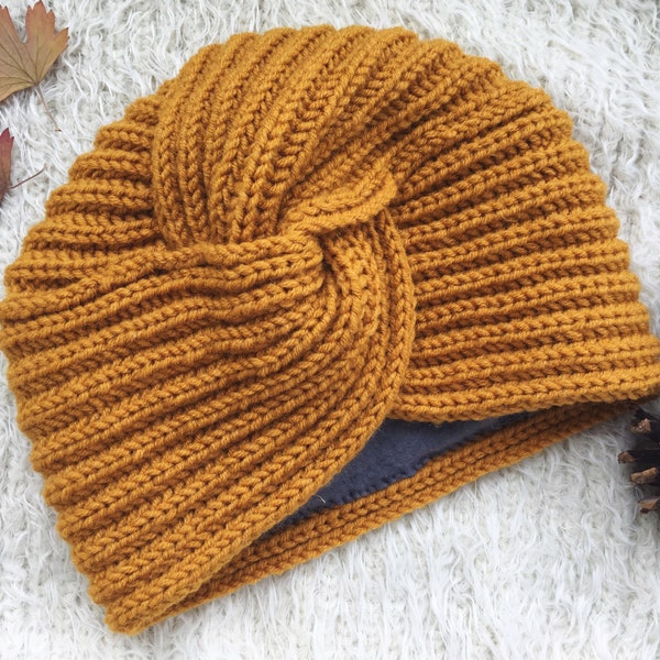 Knit Turban Hat for woman bonnet winter headband Mustard fashion headwrap Wool winter hat ready to wear turban Chemo hat Twist head wrap