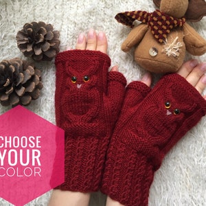 Fingerless mittens woman Christmas Wool gloves Mitts for girl Owl lovers gift Animal mittens Owl knit gifts Warm present for sister image 3