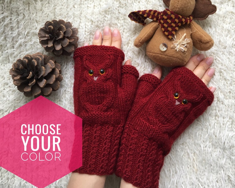 Fingerless mittens woman Christmas Wool gloves Mitts for girl Owl lovers gift Animal mittens Owl knit gifts Warm present for sister image 3