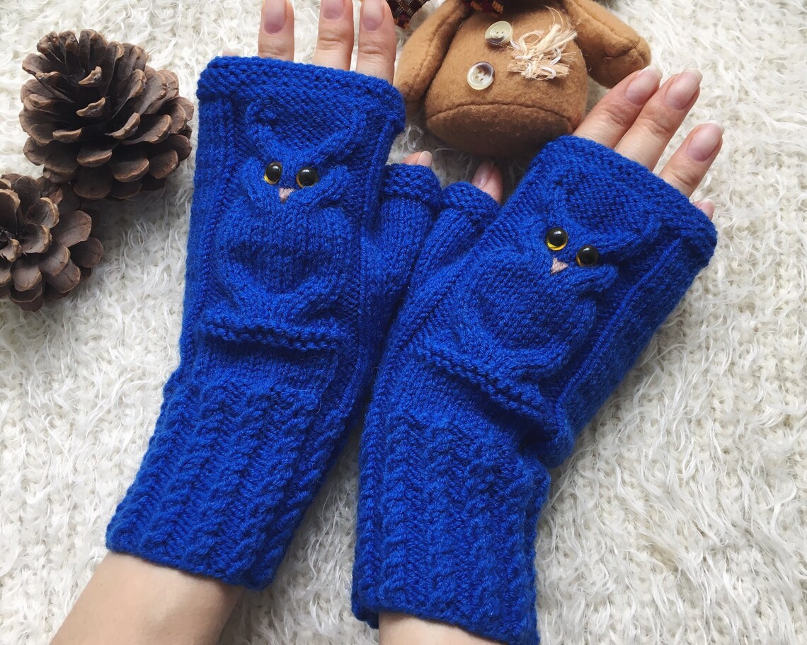Winter gloves for women royal blue Knit fingerless mittens Owl Etsy