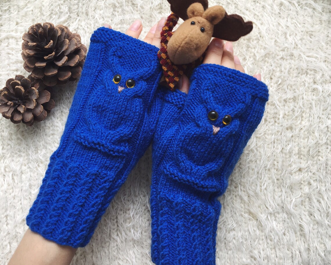 Winter gloves for women royal blue Knit fingerless mittens Owl Etsy
