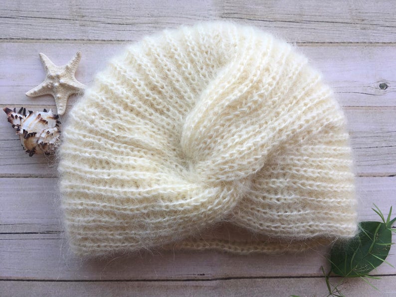 White Knit Turban Mohair hat handmade Full Turban gift for mother Boho Retro Style headwrap Headband Hijab twist turban hat image 9