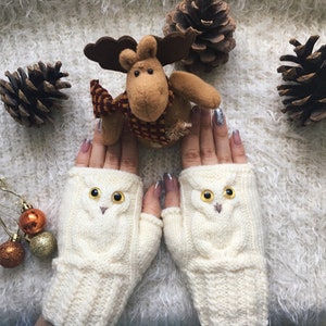 Fingerless mittens woman Christmas Wool gloves Mitts for girl Owl lovers gift Animal mittens Owl knit gifts Warm present for sister image 10