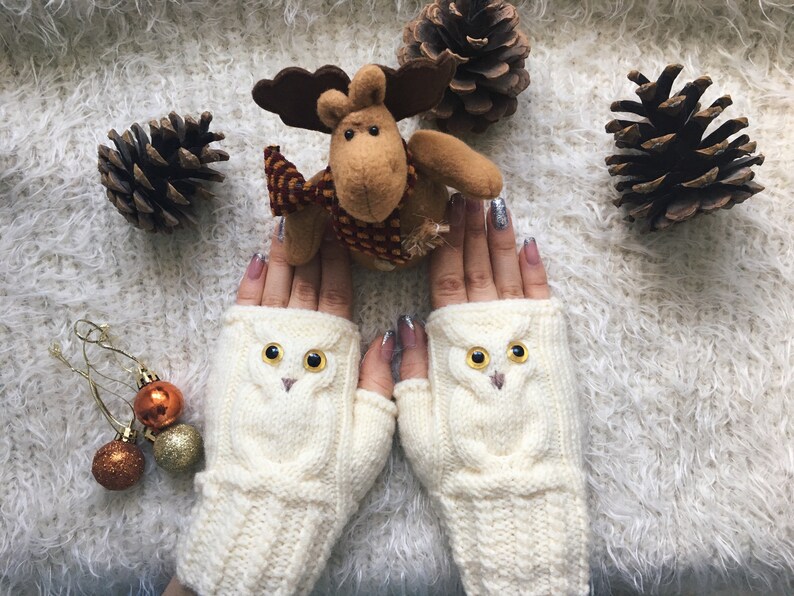 Fingerless mittens woman Christmas Wool gloves Mitts for girl Owl lovers gift Animal mittens Owl knit gifts Warm present for sister image 10