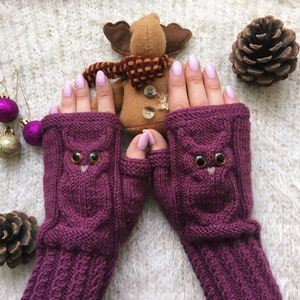 Fingerless mittens woman Christmas Wool gloves Mitts for girl Owl lovers gift Animal mittens Owl knit gifts Warm present for sister image 7