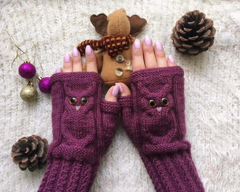 Fingerless mittens woman Christmas Wool gloves Mitts for girl Owl lovers gift Animal mittens Owl knit gifts Warm present for sister image 7