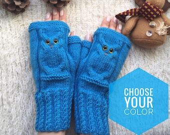 Fingerless mittens woman Christmas Wool gloves Mitts for girl Owl lovers gift Animal mittens Owl knit gifts Warm present for sister
