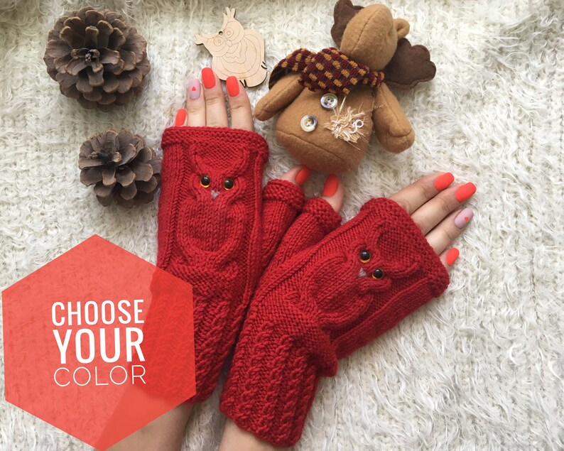 Fingerless mittens woman Christmas Wool gloves Mitts for girl Owl lovers gift Animal mittens Owl knit gifts Warm present for sister image 9