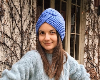 Wool turban hat for women Knit ladies fleece turban hat blue beanie fashion turban no tie Chemo headwear gifts