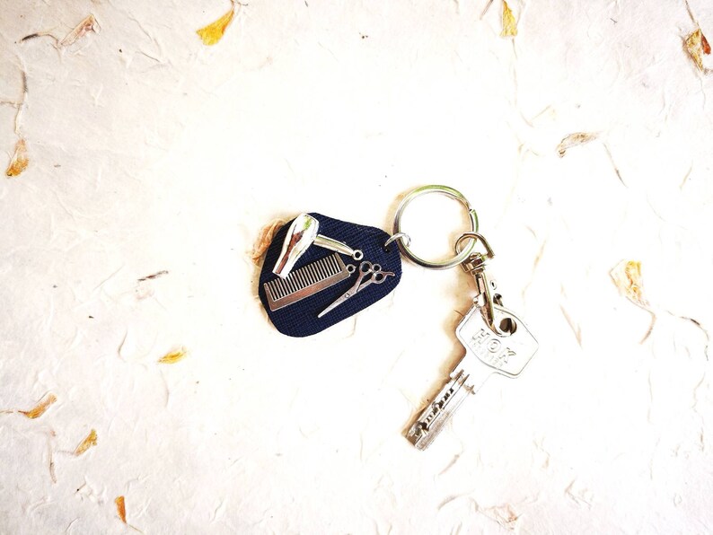 Hairdresser Gift Leather Keychain Key Holder Handmade Gift Leather Accessories Key Fob Blue Keychain Hairstylist Gift image 3