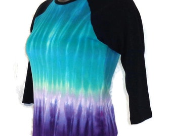 Tie Dye T Shirt Size Large Women&#39;s Raglan Jersey Psychedelic 3/4 Sleeve Top Ladies Purple Jade Fade Trippy Festival Tiedye Awesome Blossom