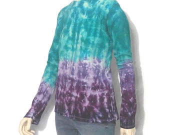 Women&#39;s Tie Dye XL Organic Cotton Long Sleeve Shirt Jade and Purple Marbled Ladies Size Extra Large Colorful Top Awesome Blossom Style