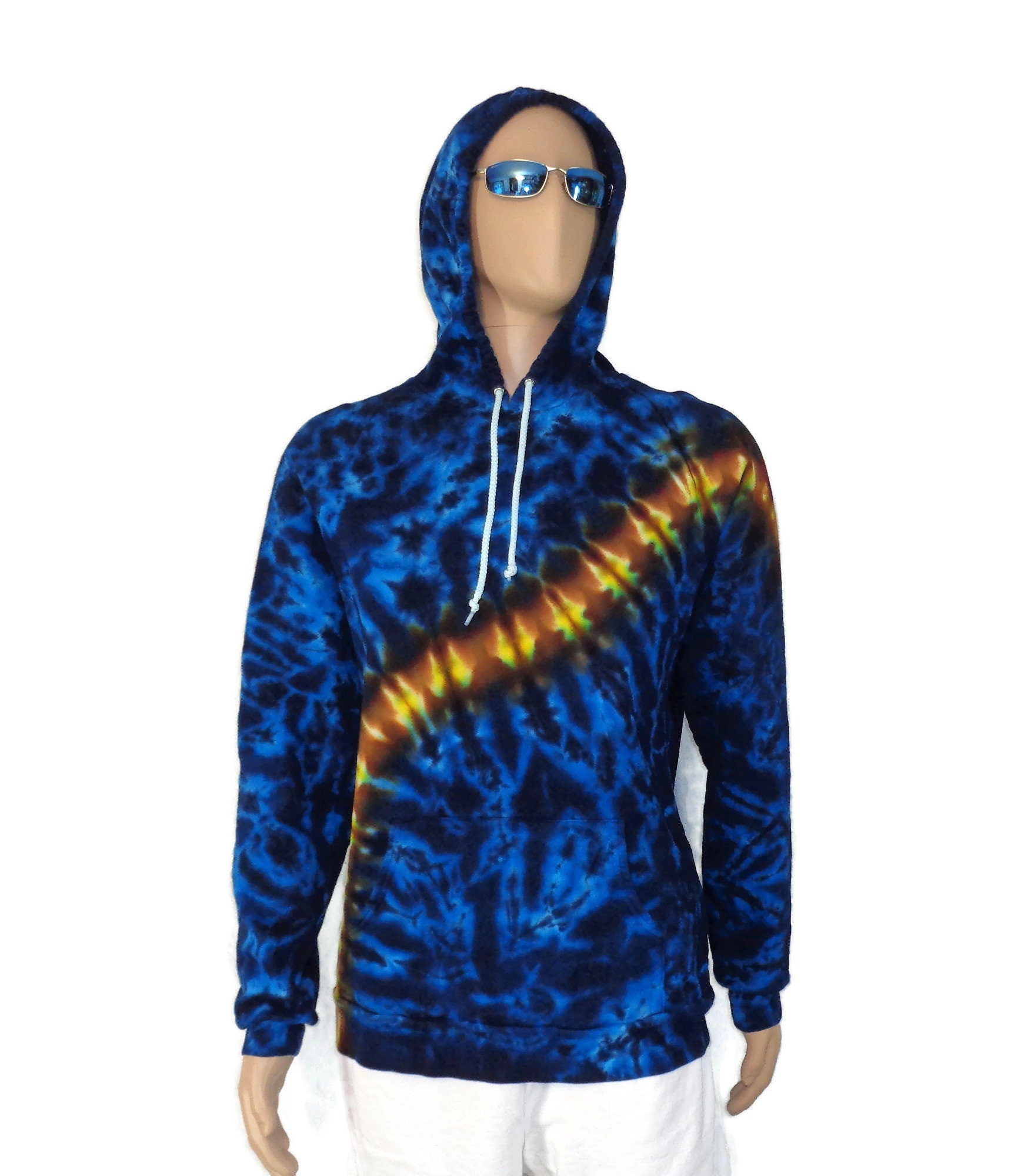 Tie Dye Hoodie XL Unisex Hooded Pullover Sweatshirt Front Pocket Blue Marble Golden Stripe Size Extra Large Mens Awesome Festival Gear