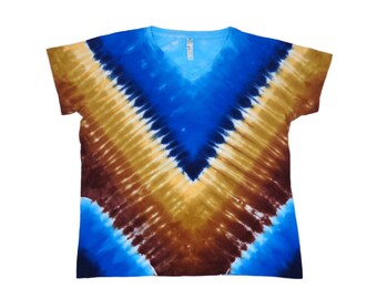 Tie Dye T Shirt L Women's Short Sleeve T-Shirt Size Large Blue Tan Brown V Tshirt Ladies Trippy Tiedye Womens Vneck Awesome Blossom Style