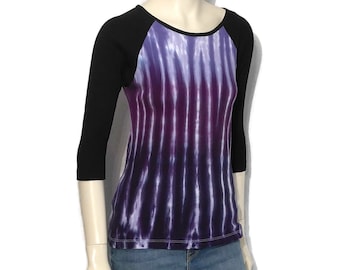 Tie Dye Women&#39;s Medium Raglan Jersey 3/4 Sleeve Shirt Colorful Psychedelic Festival Gear Purple Fade Ladies Top Awesome Blossom Style