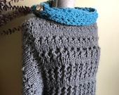 2pc Sweater Poncho, Cowl Hand Knit, Pullover Poncho, Gray Blue Alpaca Wool, Shoulder Warmer Wrap, Striped Poncho Artyarn