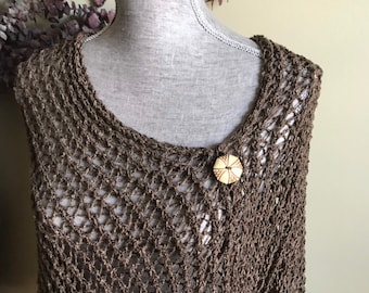 Hand Knit Rayon Poncho: Brown Lace Cape, Shoulder Warmer