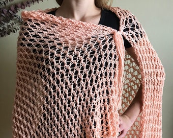 Hand Knit Sweater Poncho: Peach Lace Shawl, Women's Bolero