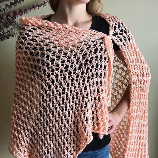 Hand Knit Sweater Poncho: Peach Lace Shawl, Women's Bolero