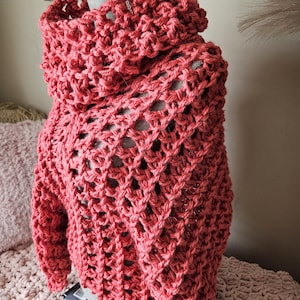 Hand Knit Wool Poncho with Cowl - Salmon Cover Up Wrap