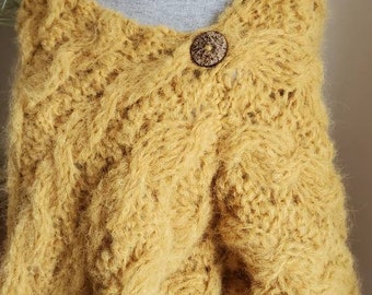 Alpaca Wool Sweater Poncho Hand Knit Mustard Yellow Shoulder Warmer Wraps, Loose Knit Sweater, Hand Knit Shawl Gift for her Mothers day Gift