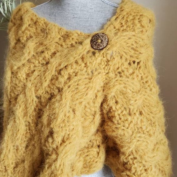 Alpaca Wool Sweater Poncho Hand Knit Mustard Yellow Shoulder Warmer Wraps, Loose Knit Sweater, Hand Knit Shawl Gift for her Mothers day Gift