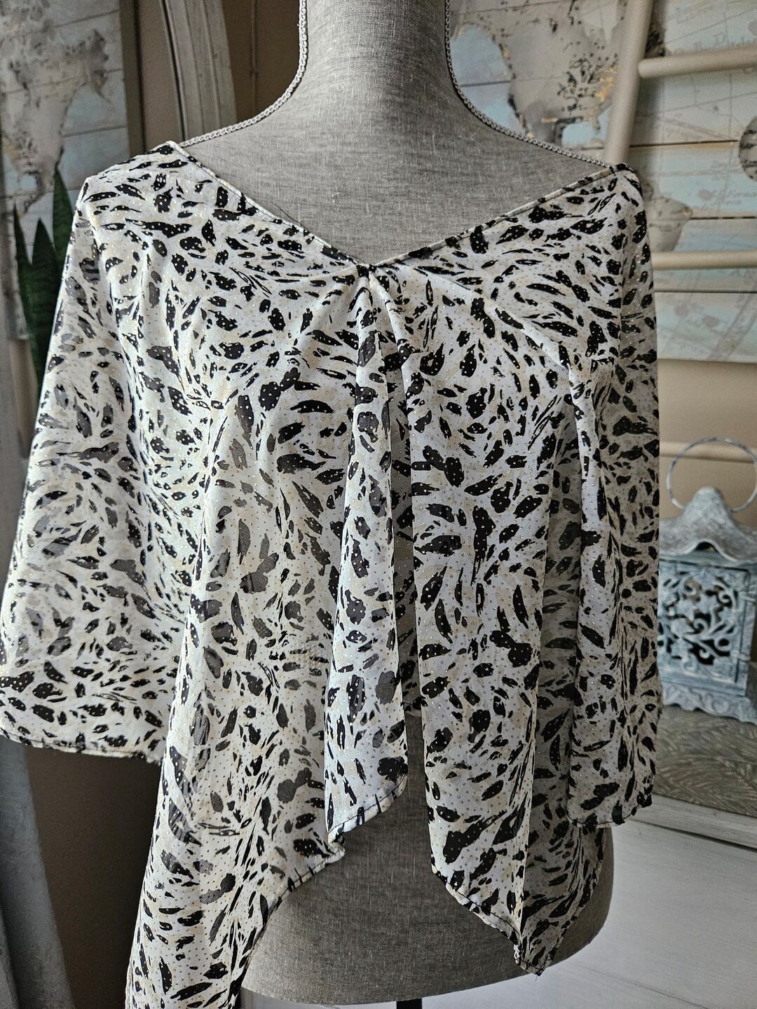Fabric Sheer Poncho Top Cover up Black White Gold Fancy Scarf Bolero ...