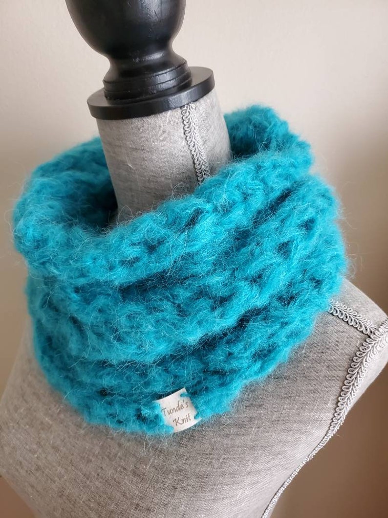 Turquoise Teal Cowl Neck Warmer, Hand Knit Cowl, Alpaca Wool Hand Knit Scarf, Soft Knit Handmade
