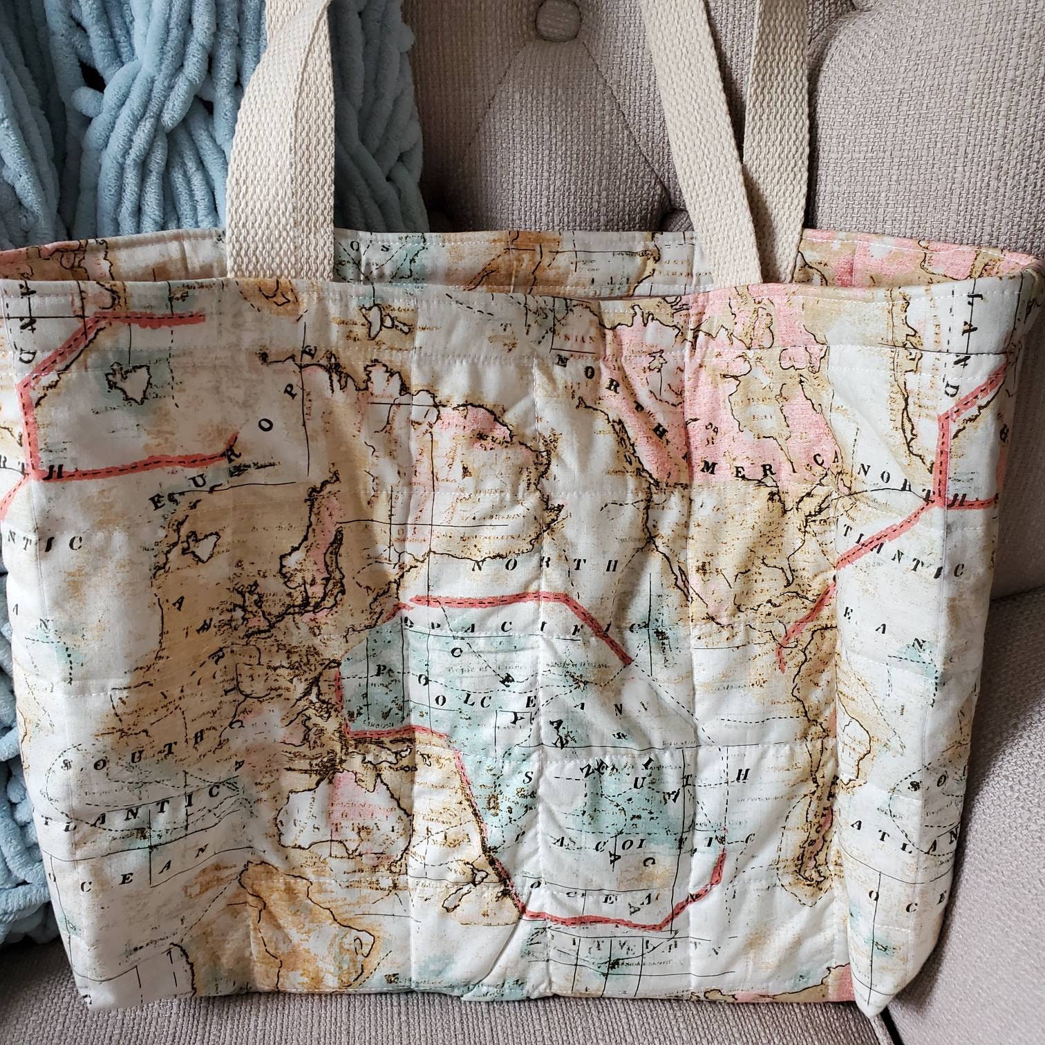 Quilted Cotton Tote Bag. Atlas Print Peach Beige Mint. Summer Shoulder