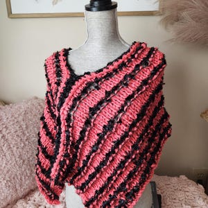 Hand Knit Wool Poncho: Salmon & Black Art Yarn, Reversible Cover-Up