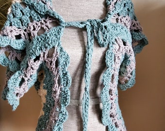 Crocheted Cotton Shrug: Teal Gray Beige Knit Bolero