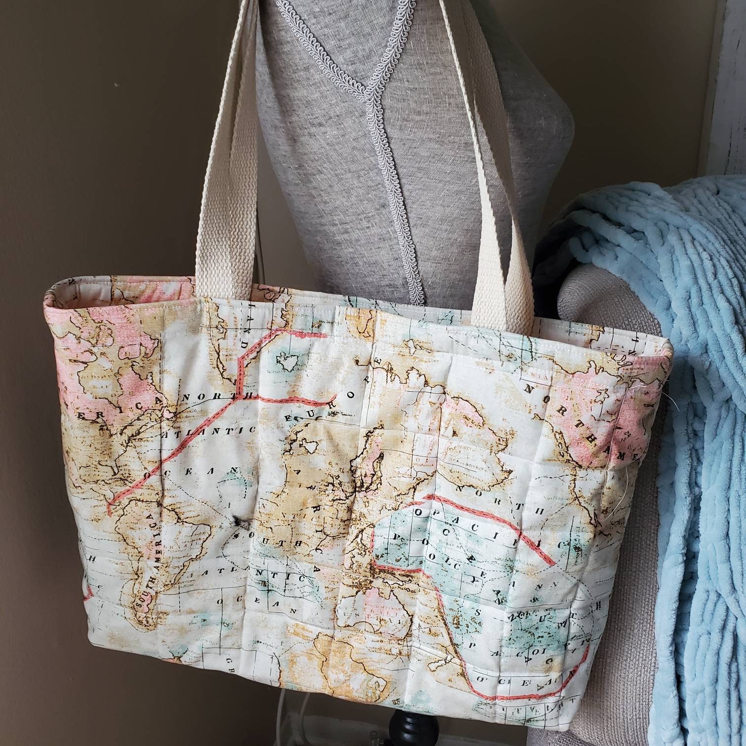 Quilted Cotton Tote Bag. Atlas Print Peach Beige Mint. Summer Shoulder