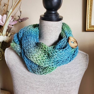 Hand Knitted Wool Cowl Scarf: Green Blue Twisted Infinity Scarf