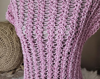 Hand Knitted Cotton Vest: Pink Layering Top, Summer Cover