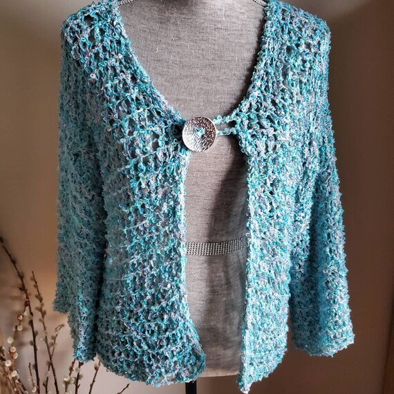 Hand Knit Summer Cardigan: Turquoise Blue Cotton Blend Bolero