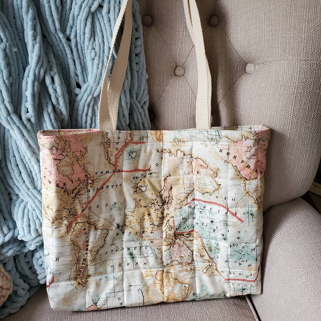 Quilted Cotton Tote Bag. Atlas Print Peach Beige Mint. Summer Shoulder