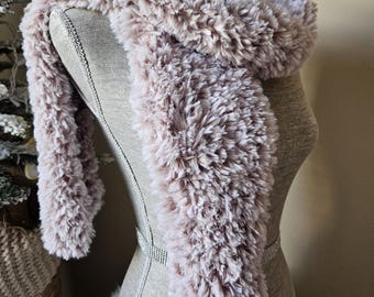 Hand Knit Faux Fur Scarf, Soft camel brown Winter Scarf
