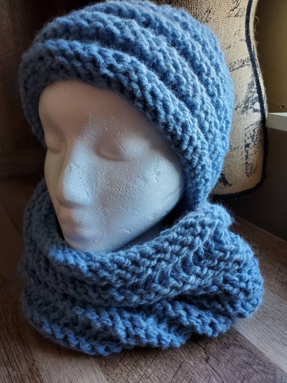 Hand Knit Messy Bun Hat and Cowl Blue Messy Bun Beanie | Etsy